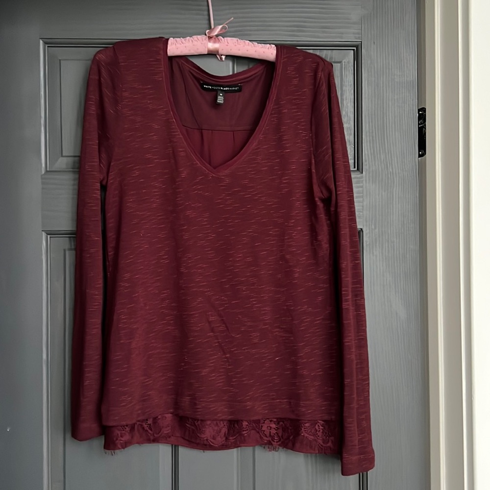 White House Black Market Deep red/maroon top with lace accents, size medium